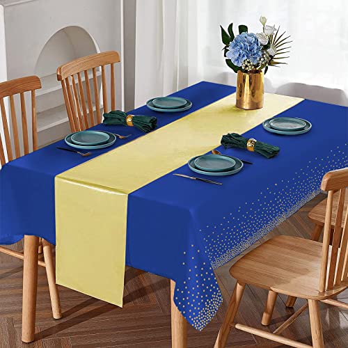 Blue and Gold 8-Pack Disposable Plastic Tablecloths with Satin Table Runner Set for Weddings and Parties