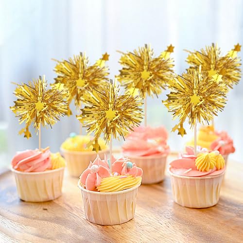 30 Pack Gold Foil Frill Cupcake Toppers for Birthday Parties