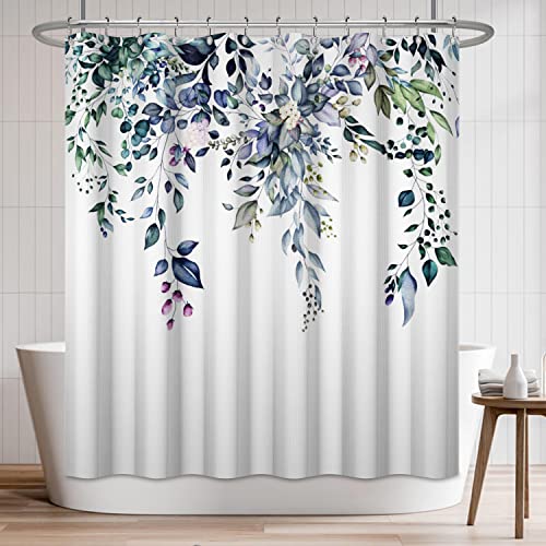 Watercolor Navy Blue Leaves Shower Curtain Set - 71x71 Inch Waterproof Design