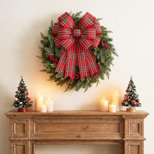 Large Red Christmas Plaid Tartan Bow Wreath Decor - 17.7 x 14.5 Inches