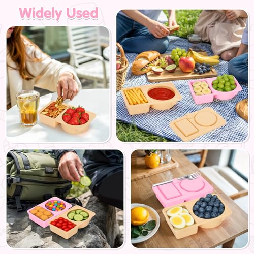 2 PCS Reusable Silicone Snack Containers with Lids - Double Compartment for Fruits & Condiments