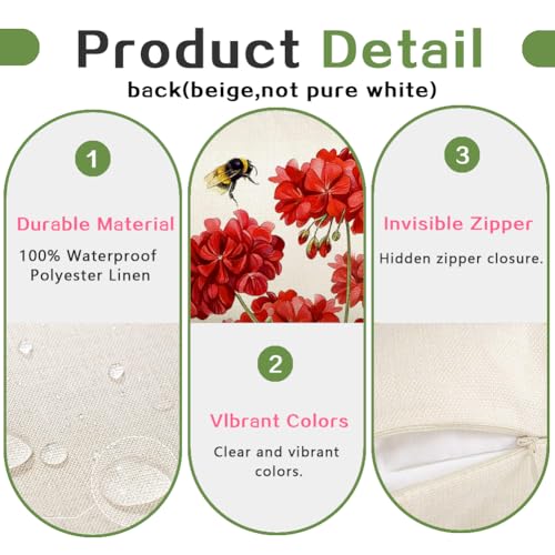 RABUSOFA Waterproof Outdoor Pillow Cover 20x20 Red Geranium & Bees Spring Summer Decor