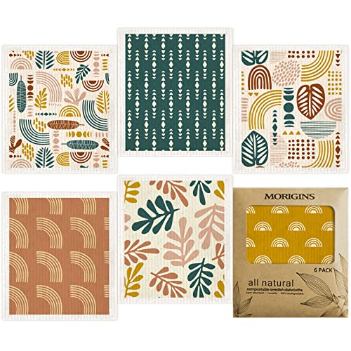 Morigins Leaves Swedish Dishcloths - 6 Pack Biodegradable Reusable Kitchen Towels