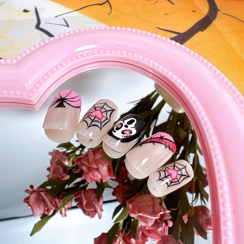 Halloween Press on Nails Short Square French Tip False Nail Kit
