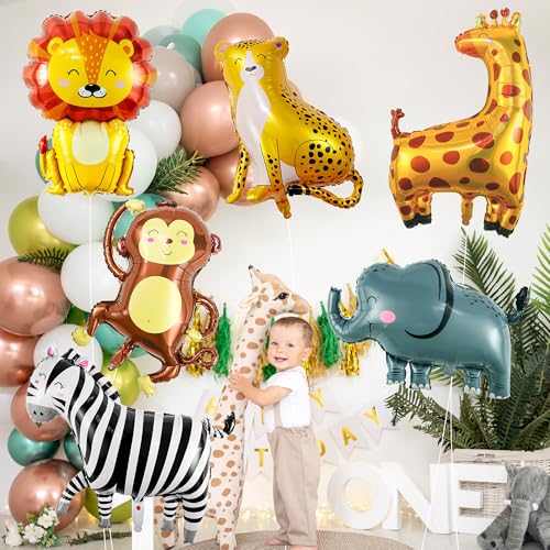 Safari Animal Balloons Set - Lion, Zebra, Giraffe, Monkey, Elephant & Leopard for Jungle Party Decorations