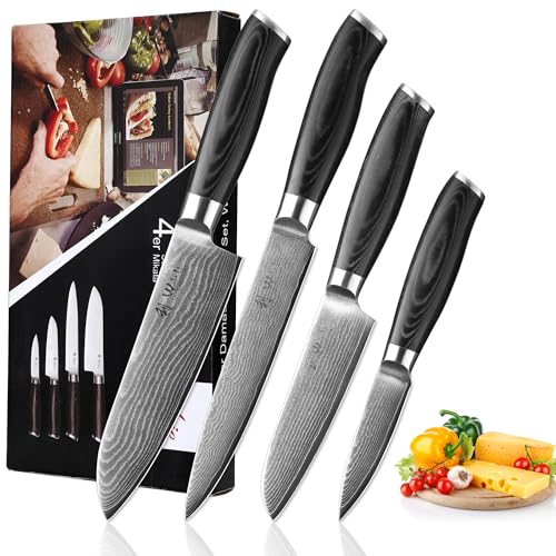 Damascus Kitchen Knife Set 4-Piece VG10 Steel Micarta Handles - MIK Variation
