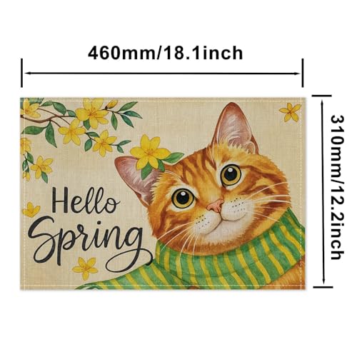 HOMETITUTE Spring Floral Cat Placemats Set of 4 12x18 Linen