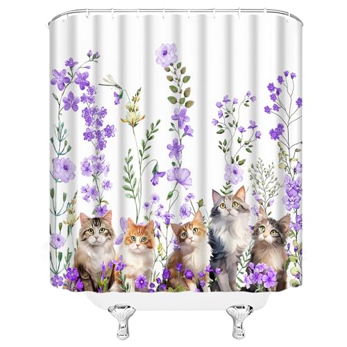 Cute Cat Purple Flower Shower Curtain - 70x70 Inches Floral Design