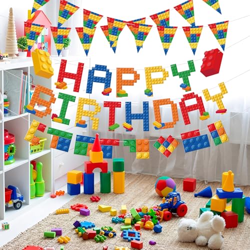 Building Block Birthday Banner Set - Pre-Strung Colorful Brick Decor