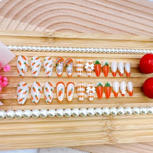 Easter Carrot Rabbit Press on Nails Medium Almond French Tip False Nails