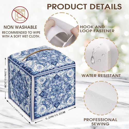Boho Floral Tissue Box Cover Holder - Blue PU Leather Decor