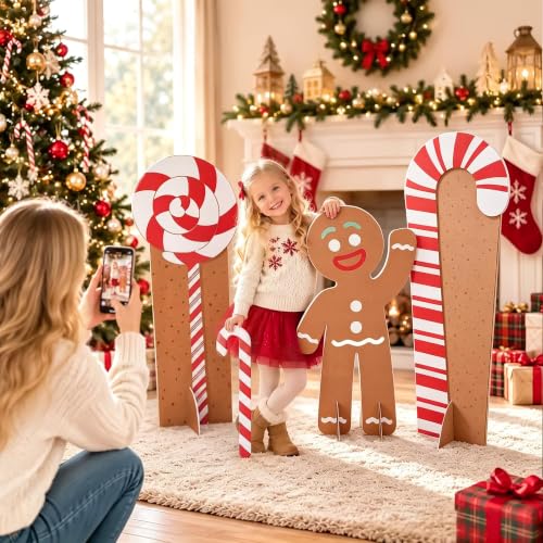 Gingerbread Man Candy Cane Lollipop Cardboard Cutouts - Holiday Decor Set
