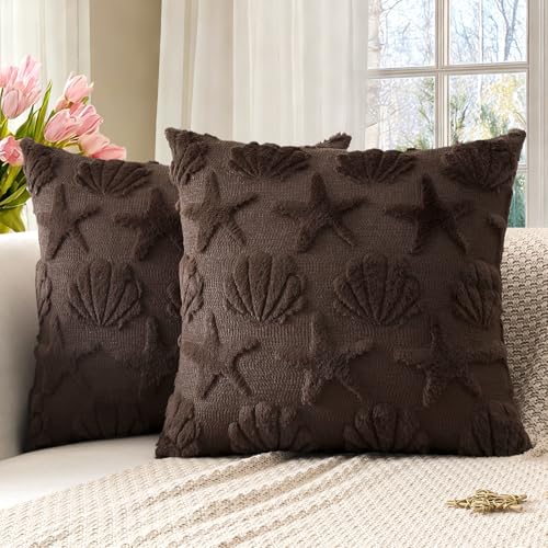 OTOSTAR Shell Starfish Throw Pillow Covers Set of 2 - 18x18 Inch Chocolate Brown