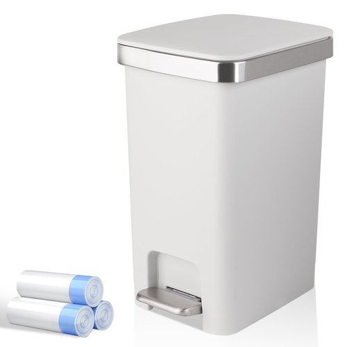 Small Bathroom Trash Can with Lid and 3 Rolls Trash Bags, Step Pedal Wastebasket Plastic Garbage Can with Pop-Up Lid 2.6 Gallon Bin for Kitchen, Bedroom, Office, Dorm, Laundry, Toilet, Rv, White
