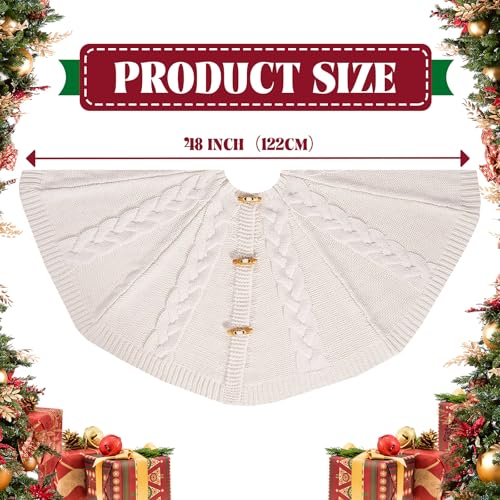 48 Inch White Knitted Christmas Tree Skirt - Cream Toggle Buttons - Holiday Decor