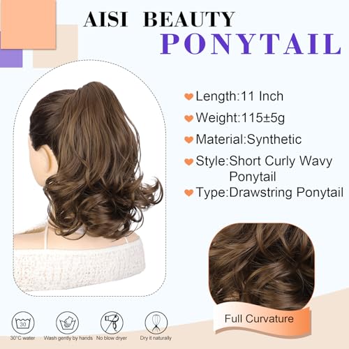 Short Wavy Ponytail Extension Drawstring Bronze Brown 11 Inch Synthetic Hair