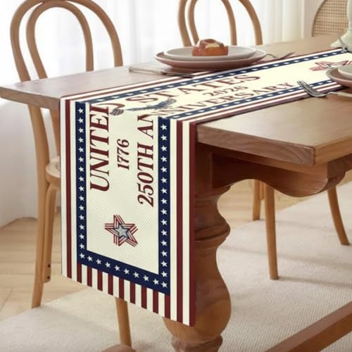 Patriotic Table Runner for 4th of July | 72 x 13 Inch Linen Decor