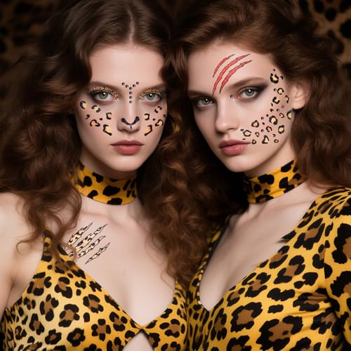 Cerlaza Halloween Leopard Face Paint Temporary Tattoos and Black Gems Kit