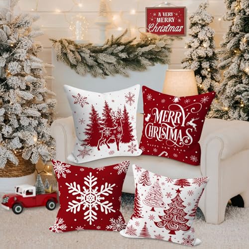 Christmas Pillow Covers Set of 4 - 24x24 Red Holiday Cushion Covers - Festive Decor