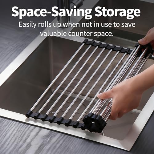 TYZUIAW Roll-Up Dish Drying Rack, 17.5"x11.8" Foldable Stainless Steel Drainer