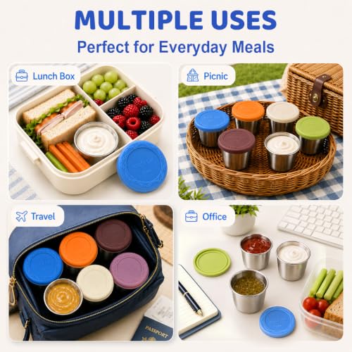 HOMEAVA 2.4oz Leakproof Stainless Steel Salad Dressing Containers - 6 Pack with Silicone Lids for Lunch, Travel, Picnic, Meal Prep