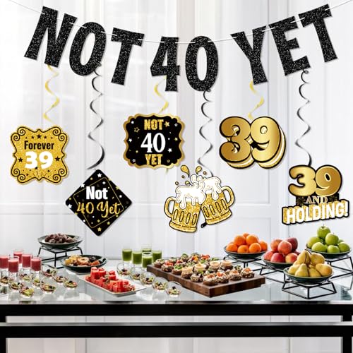 39th Birthday Decorations Set - Not 40 Yet Banner & Swirls