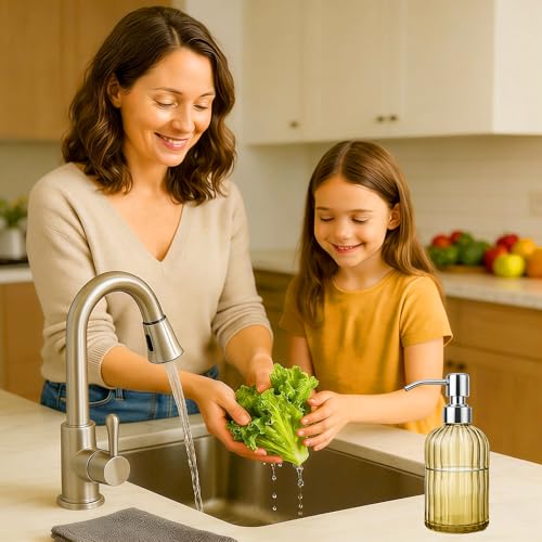 18 Oz Ribbed Glass Soap Dispenser with Rust-Proof Stainless Steel Pump - Refillable Bathroom & Kitchen Bottle, Gold