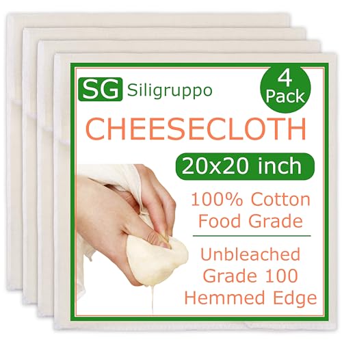 Siligruppo 4-Pack Hemmed Cheesecloths 20x20in Reusable Unbleached Cotton for Cheese Making & Nut Milk