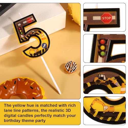 Construction Birthday Candle - Yellow & Black Striped Number 5 Cake Topper