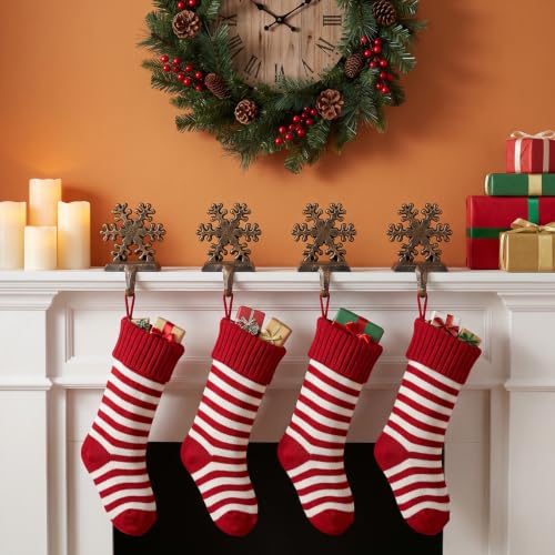 2 Pcs Snowflake Christmas Stocking Holders for Mantel - Rustic Cast Iron Hooks