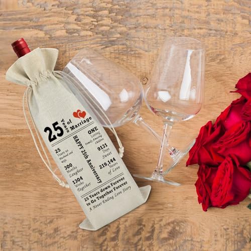 25th Anniversary Wine Bag for Couples - Burlap Drawstring Keepsake