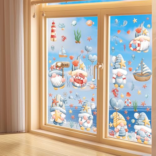 Hianjoo 93 Pcs Summer Beach Gnome Window Clings - Ocean Decor