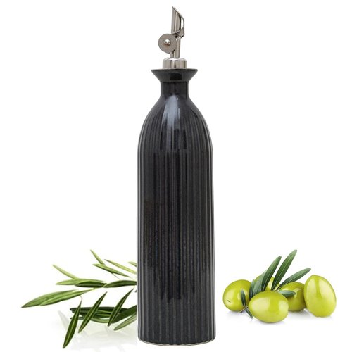UDNORDGLOW 18 oz Ceramic Olive Oil Bottle Dispenser for kitchen with Stainless Automatic Spout, Stoneware 500ml Oil, Vinegar, Soy Sauce, Coffee Syrup, and Liquids container - Deep Gray-Blue