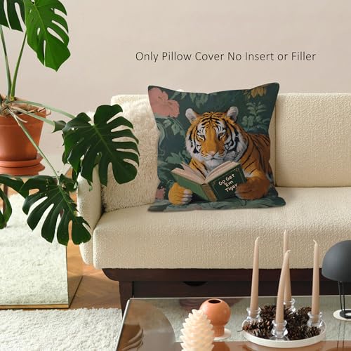 Whimsical Tiger Reading Throw Pillow Cover - 18x18 Inch, Funky Design for Sofa & Office