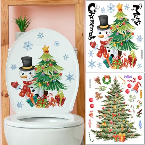 Christmas Toilet Seat Decals Snowman & Tree Waterproof Self-Adhesive Set