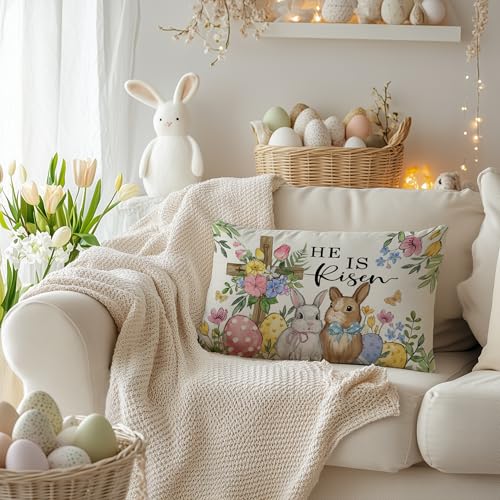 Easter Pillow Cover 12x20 Inch with Cross Bunny Eggs Design