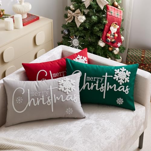 Christmas Pillow Covers 12x20 Inch Snowflake Embroidery Holiday Decor Green White