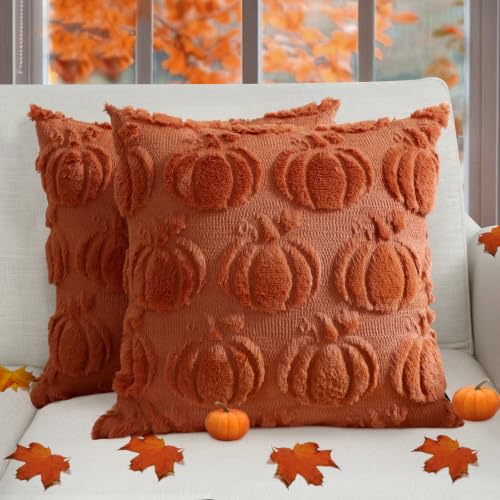 Coddsmz Fall Pumpkin Throw Pillow Covers 18x18 Inches Set of 2 Rust Caramel Plush Halloween Decor