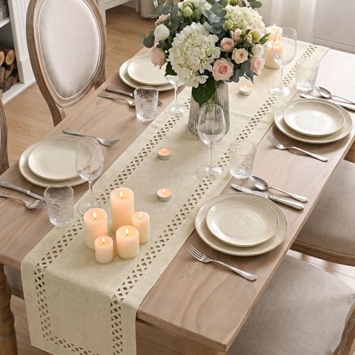 Beige Rustic Geometric Table Runner 13x90 Inch - Washable Polyester