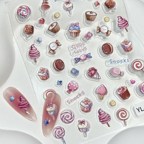 5D Embossed Dessert Cake Ice Cream Nail Stickers - 3 Sheets