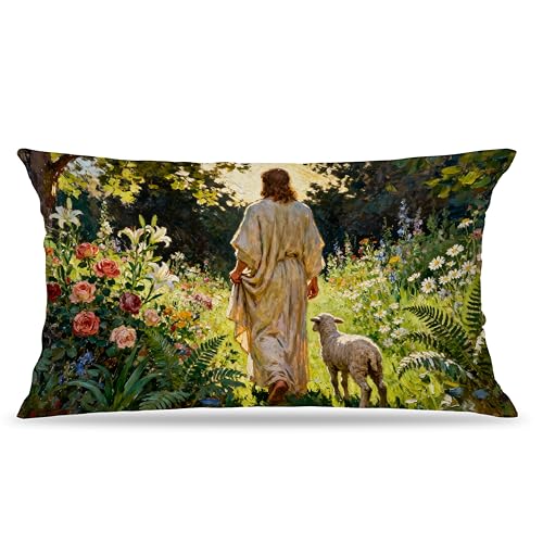 Christian Jesus and Lamb Pillow Cover D 12x20 - Religious Home Decor