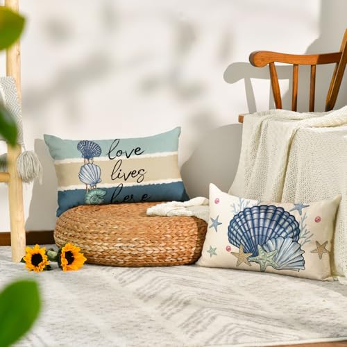 Summer Ocean Sea Shell Throw Pillow Covers Set of 4 - 12x20 Inches Home Decor