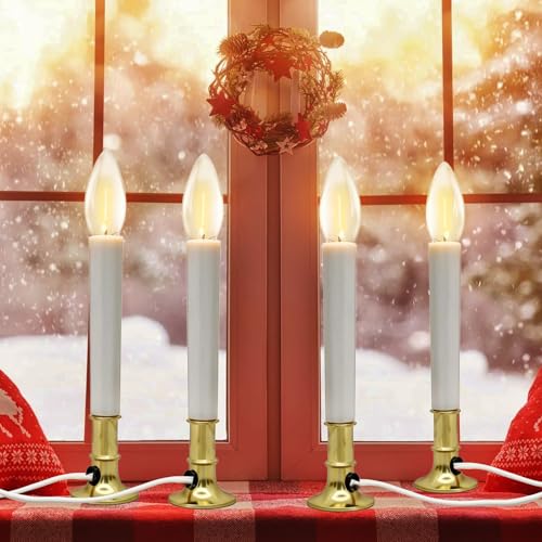 Gold 4 Pack Electric Window Candle Lamps with Brass Base, Dusk to Dawn Sensor