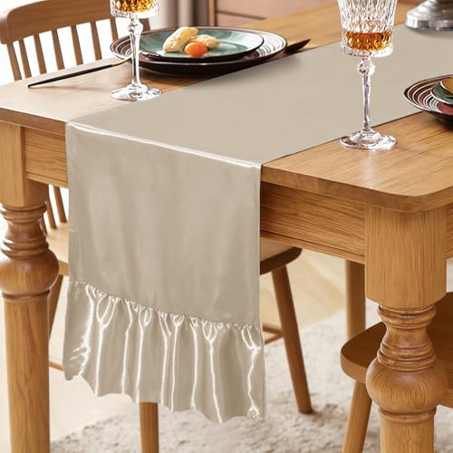 Satin Table Runner Champagne 12x108 Inch Ruffle Party Decor 2 Pack