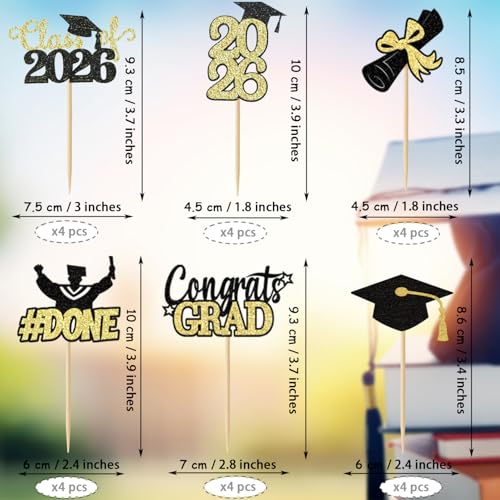 Class of 2026 Graduation Cupcake Toppers - 24Pcs Gold Glitter
