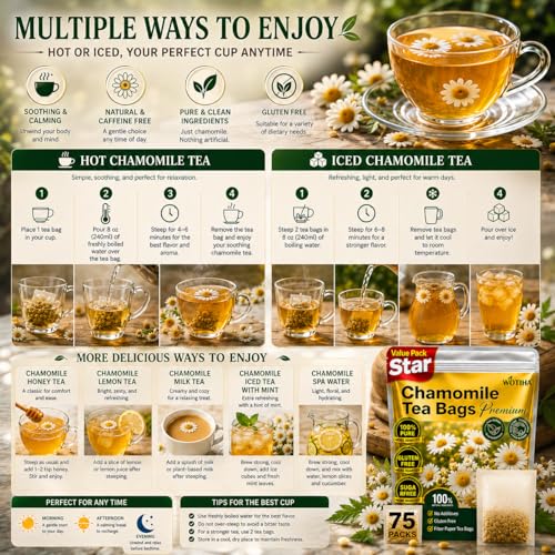 WOTIHA Premium Chamomile Tea Bags, 100% Pure Herbal Flowers, 75 Count