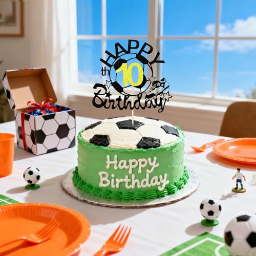 Black Soccer Happy 10th Birthday Cake Topper - Glitter Decor