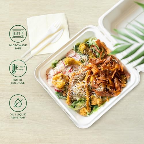 Freshware Clamshell Take Out Food Containers with Lids [9x9 200-Pack] Disposable To Go Containers, Biodegradable Sugarcane To Go Boxes - Paper Food Container - Microwave & Freezer Safe, Stackable