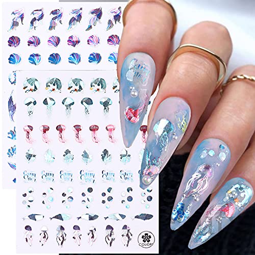 3D Sea Animals Nail Art Stickers - Holographic Ocean Shell & Fish Decals (8 Sheets)
