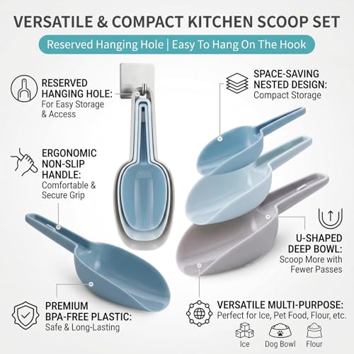 Blue Ice Scoop Set of 3 - Nested Plastic Scoops for Ice & Food